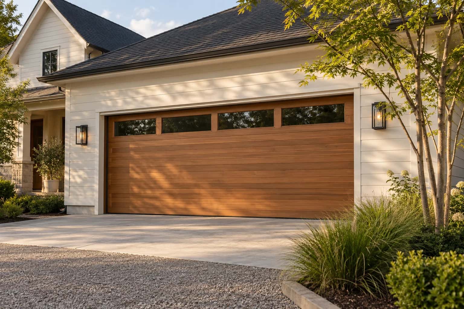 A cedar garage door on a white suburban home with a landscaped driveway